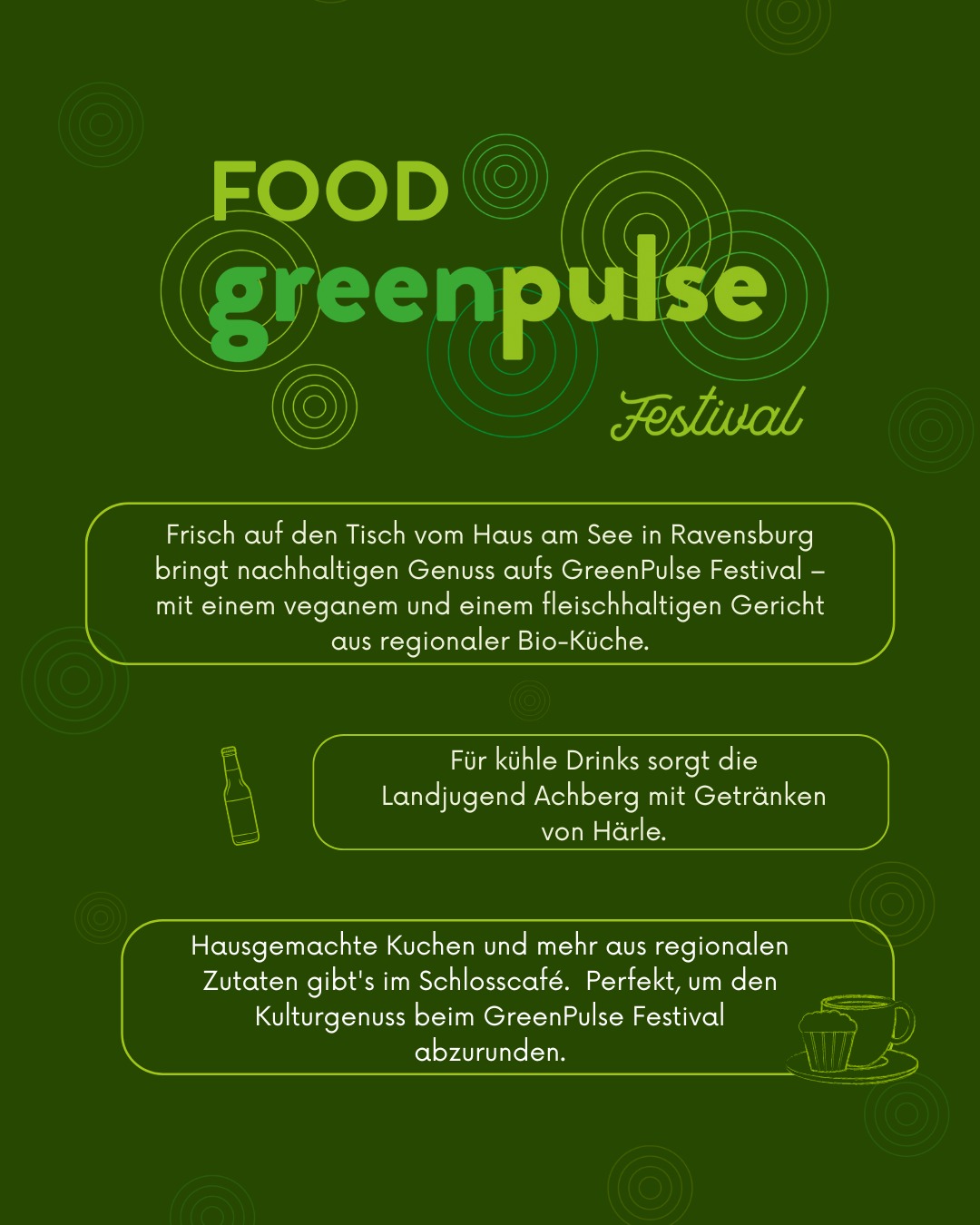 Food & Drinks beim GreenPulse Festival 🌿🍴
@frischaufdentisch.bio vom Haus am See in Ravensburg bringt nachhaltige Bio-Küche direkt aufs Festivalgelände – mit einem veganen und einem fleischhaltigen Gericht, beide aus besten regionalen Zutaten frisch für dich zubereitet.🥗
Für die passende Abkühlung sorgt die @landjugend_achberg mit erfrischenden Getränken von der @brauerei_clemens_haerle.🥤
Im Schlosscafé @schloss.achberg warten hausgemachte Kuchen, herzhafte Snacks und mehr aus regionalen Zutaten auf dich.🧁🥪
Komm vorbei und lass dich von dieser Vielfalt begeistern – wir freuen uns auf dich und wünschen guten Appetit!
✨ GreenPulse Festival – Natur erleben. Zukunft gestalten. ✨🌿
📍 Schloss Achberg
📅 25. & 26. Juli 2025
Ein Wochenende voller Natur, Musik & Ideen für morgen:
Workshops, Exkursionen, Vorträge, Theater, Film –
und unvergessliche Abende im Schlossgarten. 🌎💚
🔎 Das erwartet dich:
🎧 DJ & Biologe @dominikeulberg live im Schlossgarten
🎻 Musiker*innen des Orchesters des Wandels @orchesterdeswandels
🌿 Über 40 Mitwirkende – u. a.
🔹 Wildkräuter-Workshops mit @fischerrizzi
🔹 Vorträge mit @fritzimportexport & @dervogelphilipp
🎭 Improvisationstheater, Kino & Lesungen
🌅 Sonnenuntergänge, Musik & Lagerfeuer – ein Festival mit Sinn & Seele
🎟️ Tickets & Programm: www.greenpulsefestival.de
Gefördert von:
@landkreis.ravensburg @elobaustiftung @buergerstiftung.ravensburg @kreissparkasse.ravensburg @sielmannstiftung
#GreenPulseFestival #SchlossAchberg #naturerleben #biodiversität #nachhaltigkeit #hausamseeravensburg #frischaufdentisch #landjugendachberg #brauerei_clemens_haerle #einfachhärlich #schlosscaféachberg
