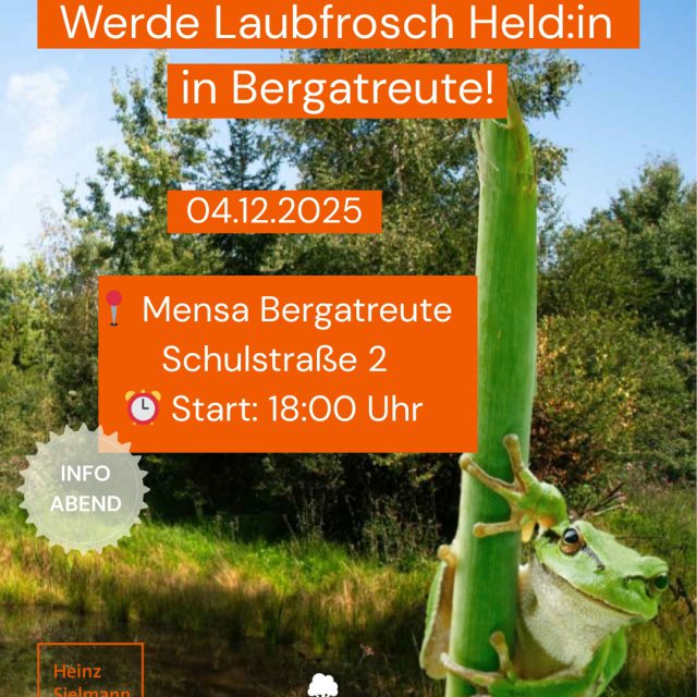 📣 Infoveranstaltung: „50 Tümpel für den Laubfrosch“ in Bergatreute.
Der Laubfrosch braucht unsere Hilfe. Seine Populationen sind bei uns in Süddeutschland stark im Rückgang. Seinen Verbreitungsschwerpunkt hat die Art mitunter in Oberschwaben rund um die Gemeinde @bergatreute
Am Donnerstag, 4. Dezember, laden die Heinz Sielmann Stiftung und der Landschaftserhaltungsverband Ravensburg (LEV) gemeinsam zu einer Infoveranstaltung im Verbreitungsschwerpunkt der Art ein.
Gesucht werden Menschen, die bereit sind Tümpel für die Art auf Ihren Privatflächen zu ermöglichen.
Die Baumaßnahme wird im Rahmen des Kooperationsprojektes finanziert und einschließlich Planung, Genehmigungen und Umsetzung abgewickelt.
Sie stellen die Fläche – wir kümmern uns um den Rest!
Mehr Informationen zum Ablauf des Projektes erfahren Sie auf unserem Infoabend.
📍 Ort: Mensa Bergatreute, Schulstraße 2
⏰ Start: 18:00 Uhr
🍪 Snacks & Getränke stehen bereit.
💡 Kostenfrei – verbindliche Anmeldung erwünscht:
👉 ravensburg@sielmann-stiftung.de
Mehr Infos zum Projekt unter: www.laubfrosch.info
Artenvielfalt beginnt bei dir.
Gefördert durch die Stiftung Naturschutzfonds Baden-Württemberg
#Laubfrosch #Artenschutz #Bergatreute #Biotop #HeinzSielmannStiftung #LEVRavensburg #Amphibienschutz #Naturvielfalt