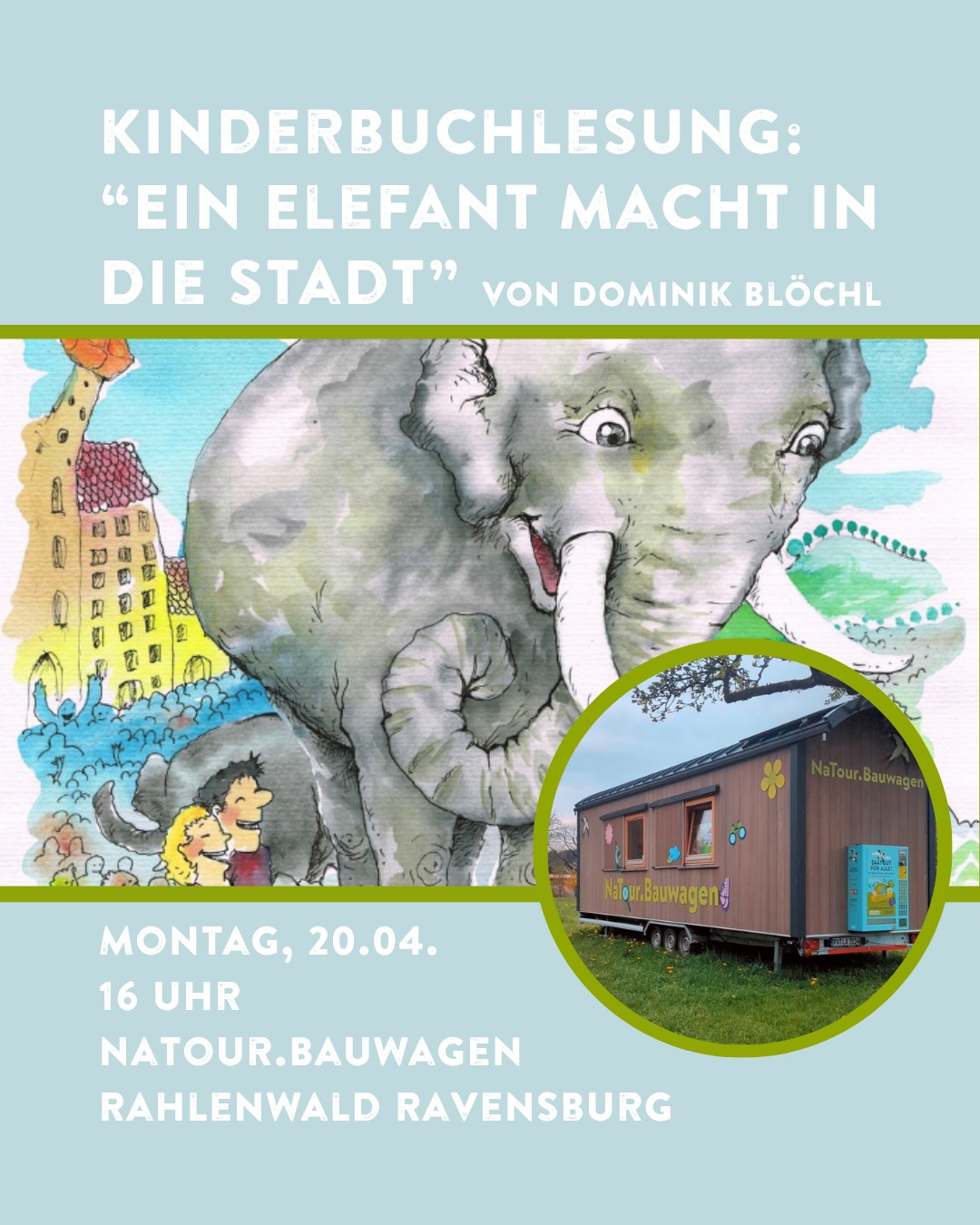 Ein Elefant macht in die Stadt - Show-Lesung mit Dominik Blöchl 📚🐘 
@elefantmachtindiestadt 

Habt ihr Lust auf eine mitreißende Lesung mit musikalischer Untermalung, Bildern und ganz viel Spaß?😊

Autor Dominik Blöchl liest aus seinem Kinderbuch vor und erweckt die Geschichte zum Leben! Ein echtes Erlebnis für kleine und große ZuhörerInnen!

📅 Montag, 20.04.
🕒 15:00 Uhr
📍 NaTour.Bauwagen Rahlenwald Ravensburg

Für Kinder ab 4 Jahren & ihre Familien
👧🧒 

💸 Der Eintritt ist frei - wir freuen uns über eine Spende für unsere Naturschutzprojekte!

👉Hier könnt ihr euch kostenlos zur Veranstaltung anmelden: www.naturvielfalt-rv.de/veranstaltungen

Kommt vorbei – wir freuen uns auf euch! 🐘🌿

#naturvielfalt #landschaftserhaltungsverband #ravensburg #natourbauwagen #Lesung #lesungfürkinder #elefantmachtindiestadt