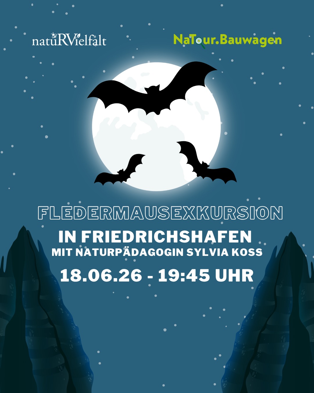🦇✨ Fledermäuse hautnah erleben! ✨🦇

Wenn die Dämmerung einsetzt, beginnt das geheime Leben der Fledermäuse. Gemeinsam mit Naturpädagogin Sylvia Koß gehen wir auf spannende Entdeckungstour und machen die Rufe der nachtaktiven Jäger mit Bat-Detektoren hörbar. 🌙🔦

📅 Donnerstag, 18. Juni 2026
🕖 Beginn: 19:45 Uhr
⏳ Dauer: ca. 2,5–3 Stunden
📍 Treffpunkt: NaTour.Bauwagen, @bodenseeschulestmartin 

👥 Für Erwachsene und Jugendliche ab 14 Jahren

📧 Jetzt kostenlos anmelden unter naturvielfalt-rv/veranstaltungen.de

#biodiversität #landschaftserhaltungsverband #allgäu #friedrichshafen #bodenseeschulestmartin