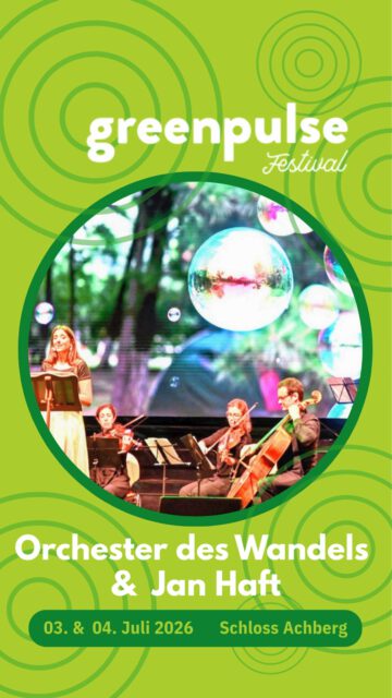 🎼Orchester des Wandels & Jan Haft🎥

Einzigartige Naturfilme treffen auf Highlights der Klassischen Musik. Wenn zu Dvoraks Walzer Frösche und Wasserbüffel tanzen und sich bei Tschaikowskys Nussknacker Seidenraupen zu leuchtenden Schmetterlingen entpuppen, entstehen magische Momente, die begeistern und berühren. 💫

🌿 #GreenPulseFestival
📍 Schloss Achberg
📅 03. & 04. Juli 2026

🎤 Vorträge, Musik und Film
@sarahwienerofficial · @maxprosa · @jan_haft · @orchesterdeswandels · @vuimeraklaenge

🌱 Workshops & Exkursionen
@dervogelphilipp · @gruen_sein · @fischerrizzi 

... und viele mehr! ✨

🎟️ Tickets & Infos: www.greenpulsefestival.de

Gefördert durch:
@naturvielfalt.ravensburg @elobaustiftung
@kreissparkasse.ravensburg @landkreisravensburg @audio_concept_vt @bellissa_haas @schloss.achberg & Bio-Musterregion Ravensburg