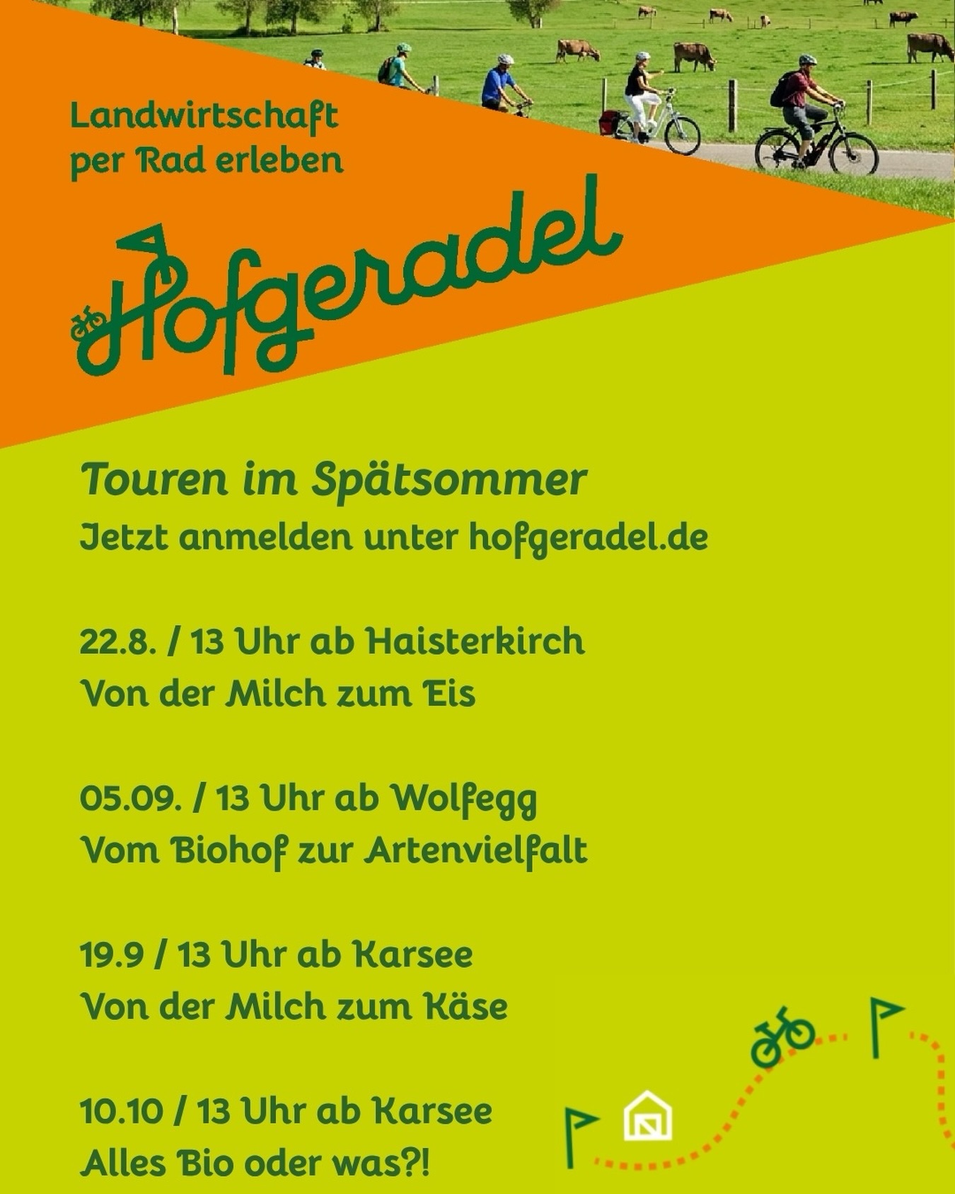 Den Spätsommer mit Hofgeradel erleben🚲🌾
Rauf aufs Rad, raus aufs Land und rein in die Welt der regionalen Landwirtschaft! 🌻
Bei den nächsten Hofgeradel-Touren gibt’s wieder jede Menge zu entdecken, zu erfahren – und natürlich zu genießen:
🥛 22.08. – Von der Milch zum Eis
🌱 05.09. – Vom Biohof zur Artenvielfalt
🧀 19.09. – Von der Milch zum Käse
🌾 10.10. – Alles Bio oder was?!
Geführte Radtouren, spannende Einblicke, regionale Höfe und die Geschichten hinter unseren Lebensmitteln – Spätsommer und Herbst sind die perfekte Zeit fürs Hofgeradel!
👉 Jetzt anmelden und Tour aussuchen unter hofgeradel.de
#hofgeradel #radtour #fahrradtour #regionalelandwirtschaft #landwirtschaft regional bio artenvielfalt milch käse eis oberschwaben radfahren raufaufsrad