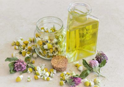 Das Kamillenöl der Echten Kamille wird aus der Kamillenblüte gewonnen Das Kamillenöl der Echten Kamille wird aus der Kamillenblüte gewonnen